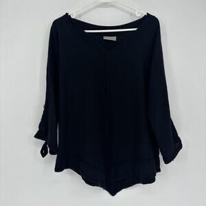 Cottonways Shirt Womens Size LARGE Black V-Neck Tunic 3/4 Roll Tab Sleeves Boho